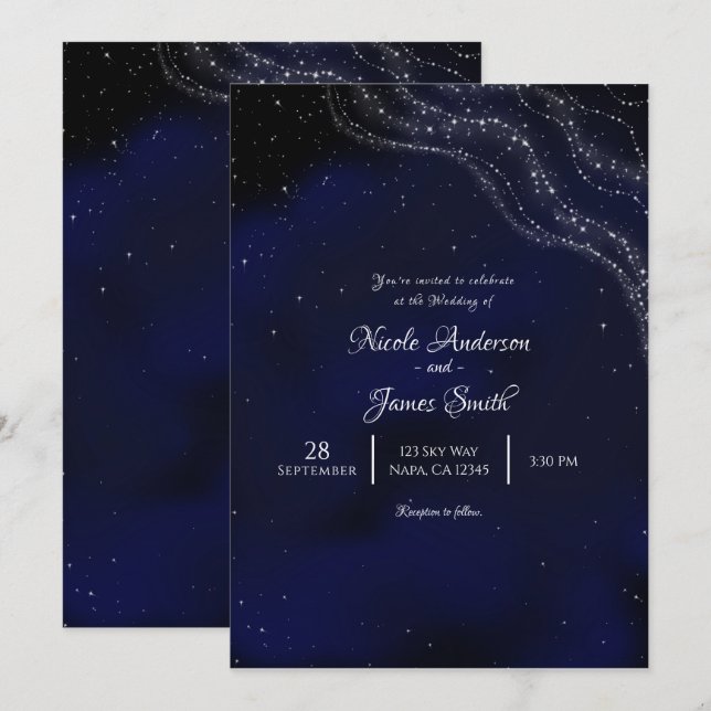 Convites Noite de núpcias estrelada cintilante azul (Frente/Verso)