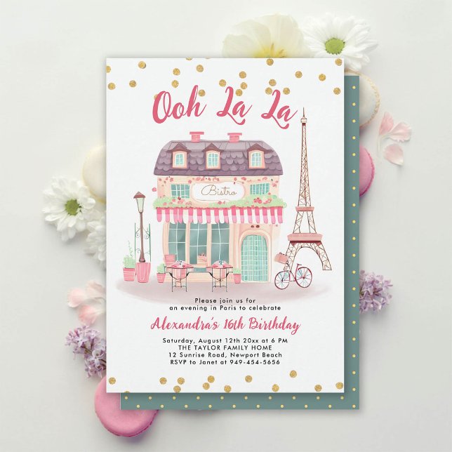 Convites Noite de Paris Eiffel Bistro Verde Rosa 16 (paris sweet 16 invitation sixteenth birthday girl french bistro eiffel illustration chic fashion)