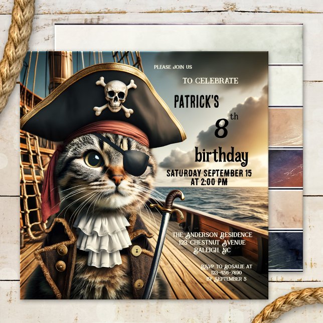 Convites Noite de Pirata de Gato Engraçado (A funny birthday party invitation  for children featuring a pirate cat on a clipper)