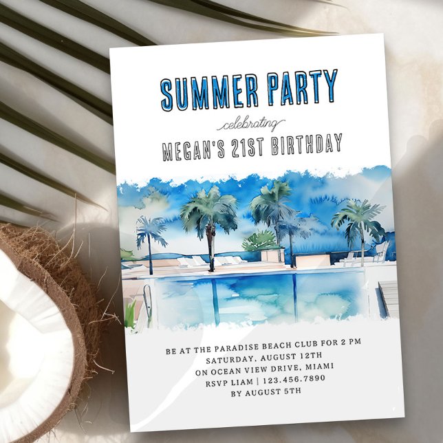 Convites Noite de Piscina Tropical de Watercolor (Summer Birthday Party Invitation with inviting pool scene)