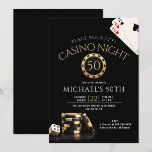 Convites Noite de Pôquer no Cassino Black Gold Homens 50º A