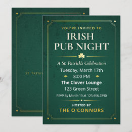 Convites Noite de Pub Irlandês Dourado e Verde Vintage St P