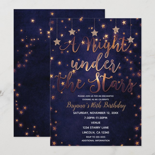 Convites Noite de Púrpura e Ouro Sob as Estrelas Céu Celest (Frente/Verso)