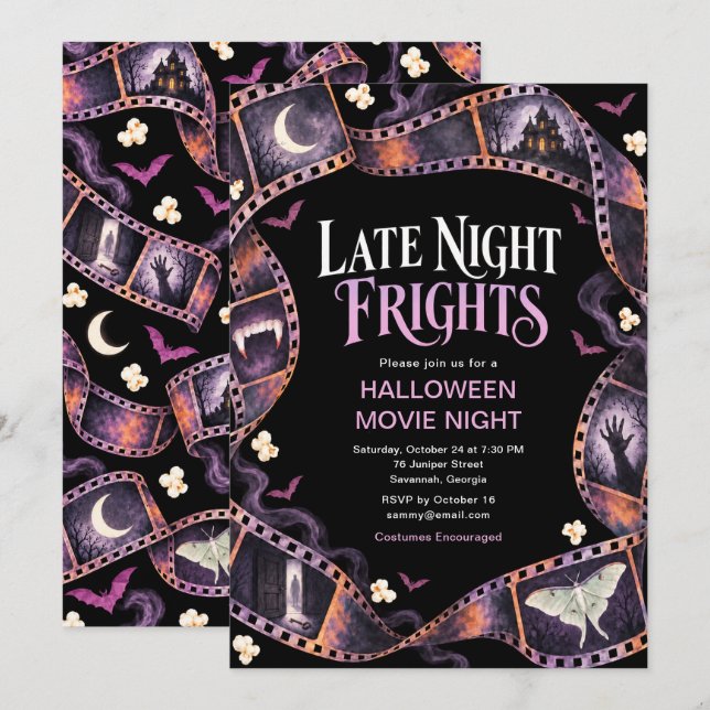 Convites Noite de Terror de Cinema de Halloween (Frente/Verso)