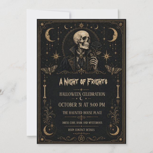 Convites Noite de Terrores Esqueleto Gótico Festa de Hallow (Frente)