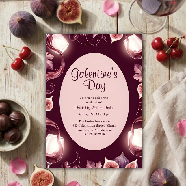 Convites Noite de Vinho do Dia das Galentinas com Figos e F (Galentine’s Day Wine Night Figs & Rosé, Moody Berry, Personalized)