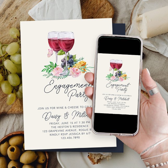 Convites Noite de Vinho e Queijo Festa de Compromisso (Wine and Cheese Engagement Party Invitation)