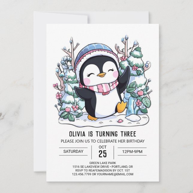 Convites Noite digital em Floco de Neve Cute Penguin (Frente)
