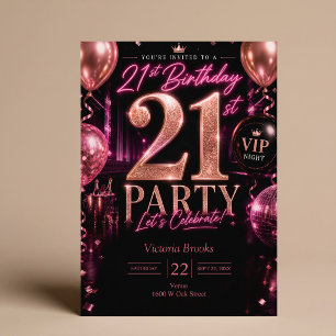 Convites Noite do Clube VIP de Aniversário de 21 anos Rosa 