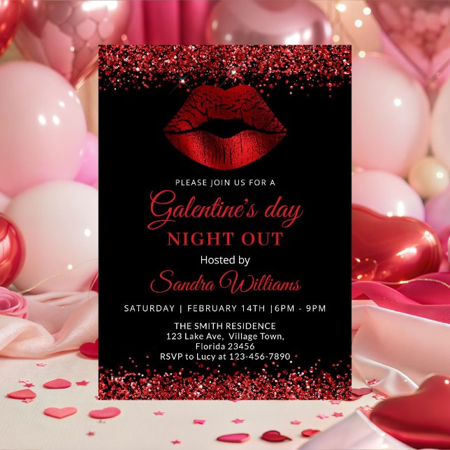 Convites Noite do Dia de Galentine com Lábios Vermelhos Bri (Red Glitter Lipstick Galentine's Day night out invitation)