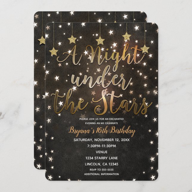 Convites Noite Dourada e negra sob as estrelas doce 16 (Frente/Verso)