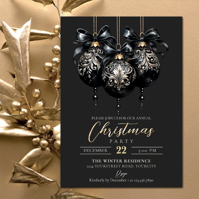 Convites Noite elegante de preto e ouro, luxo de Natal (Gold and black luxury Christmas invitation with ornate Christmas baubles)