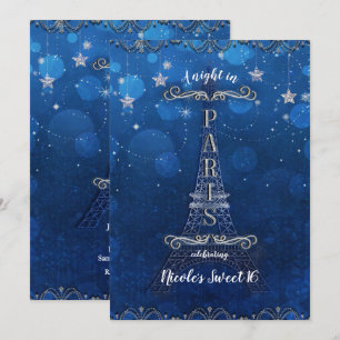 Convites Noite em Paris sob as Estrelas Festa Azul Prata
