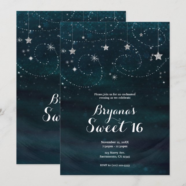 Convites Noite Estelar Encantada Festa Prata e Azul (Frente/Verso)