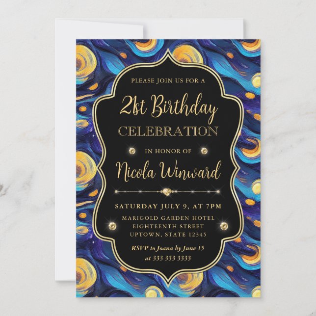 Convites Noite Estrelada Azul e Amarela de 21 Anos (Frente)
