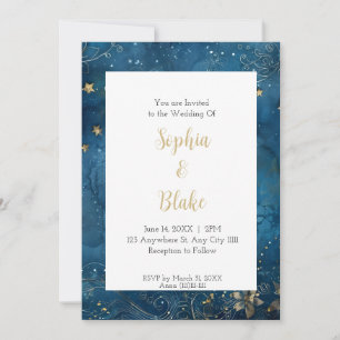 Convites Noite Estrelada Azul e Dourada Casamento Celestial