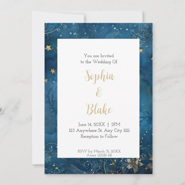 Convites Noite Estrelada Azul e Dourada Casamento Celestial (Frente)