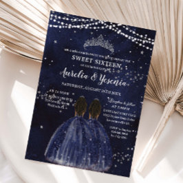 Convites Noite Estrelada Azul Marinho Doce 16 Gêmeas Menina