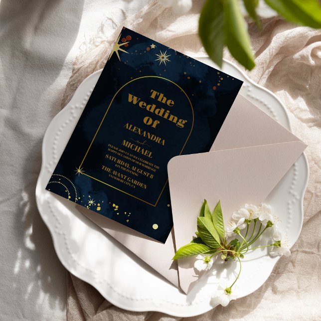 Convites Noite Estrelada Casamento Azul Naval Brilho Prata (Criador carregado)