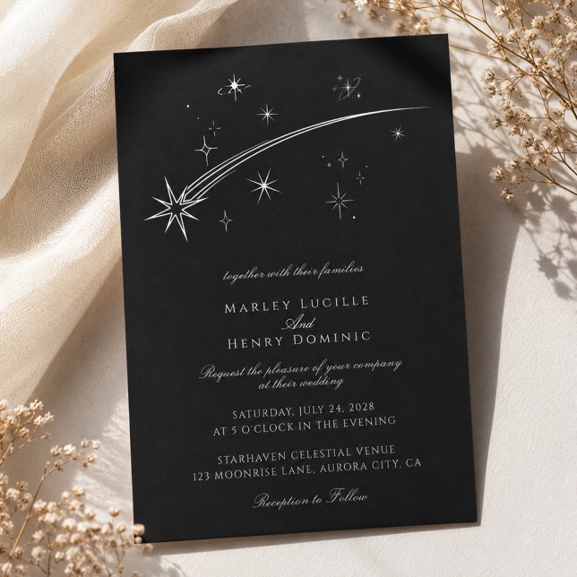 Convites Noite Estrelada Casamento Celestial Preto e Branco (Criador carregado)