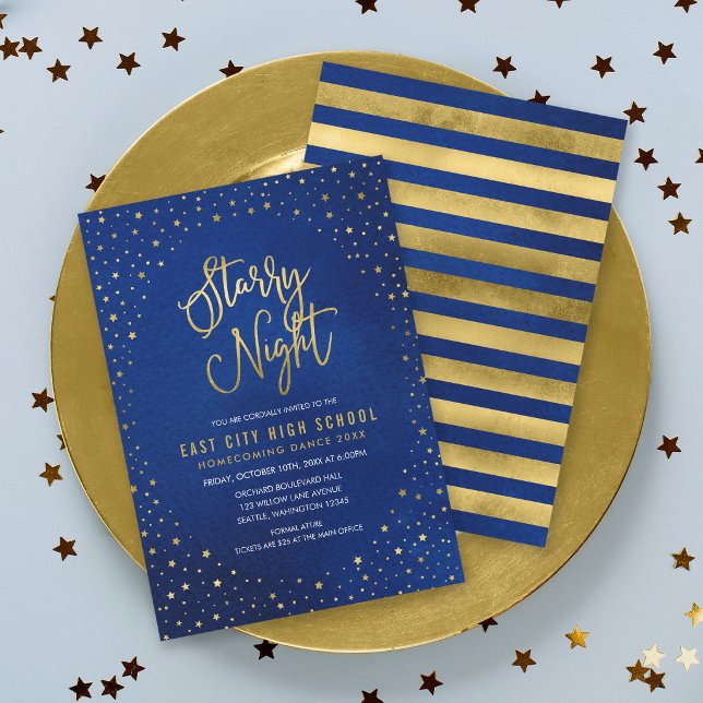 Convites Noite Estrelada Dança Escolar Azul Falso Ouro (Criador carregado)