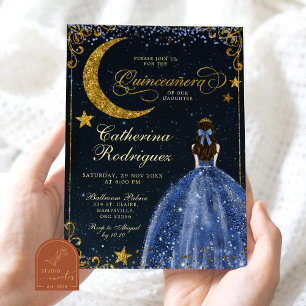 Convites Noite Estrelada Dourada e Azul Escuro Quinceanera