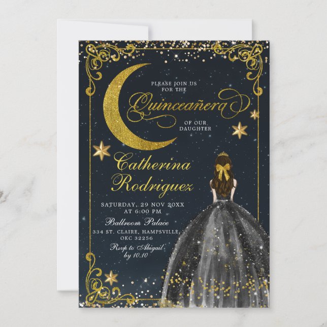 Convites Noite Estrelada Dourada e Preta Quinceanera  (Frente)