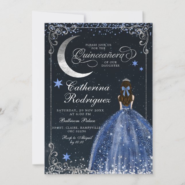 Convites Noite Estrelada Prata e Azul Escuro Quinceanera (Frente)