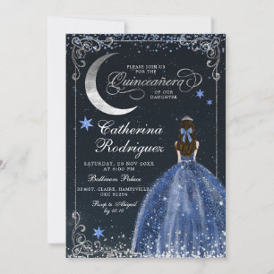 Convites Noite Estrelada Prata e Azul Escuro Quinceanera
