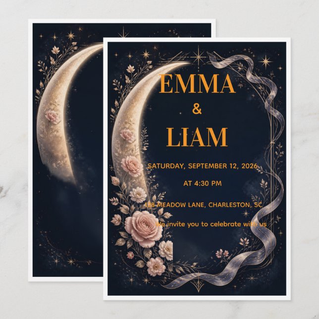 Convites Noite Floral Estelar Lua Boêmia Casamento (Frente/Verso)