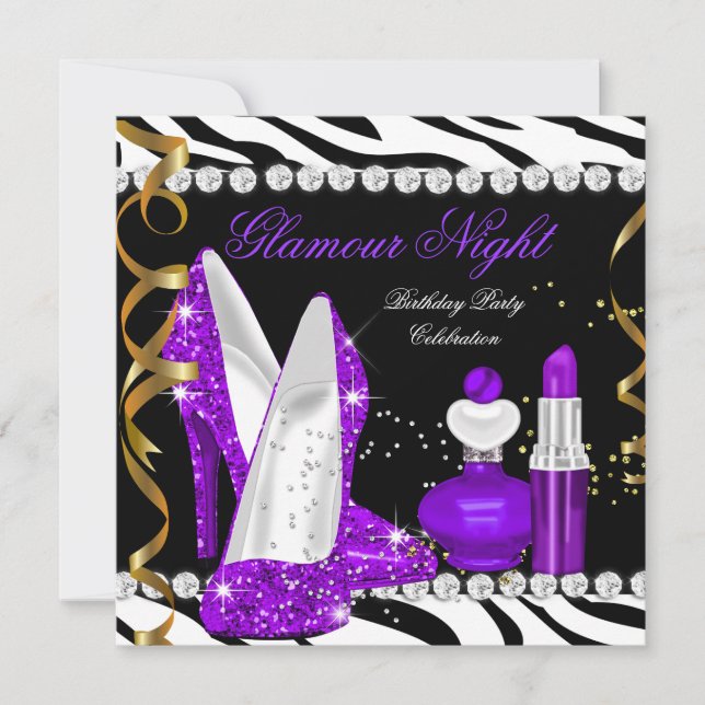 Convites Noite Glamour brilho Roxo Dourado Preto Zebra (Frente)