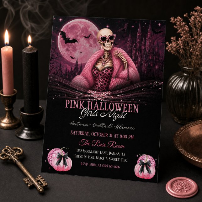 Convites Noite Glamurosa de Halloween Rosa para Meninas com (Criador carregado)