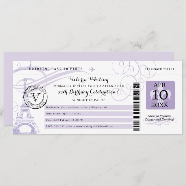 Convites Noite Lilás da Torre Eiffel na Festa de Aniversári (Frente/Verso)