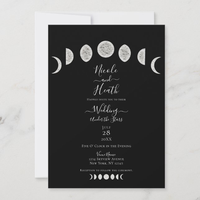 Convites Noite Negra Céu Fases da Lua Casamento Noturno (Frente)