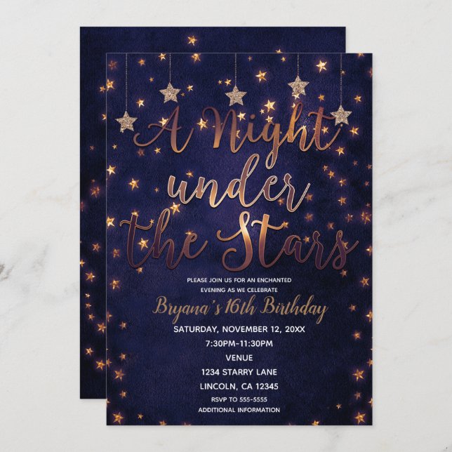Convites Noite Púrpura e Dourada sob o céu celeste das estr (Frente/Verso)