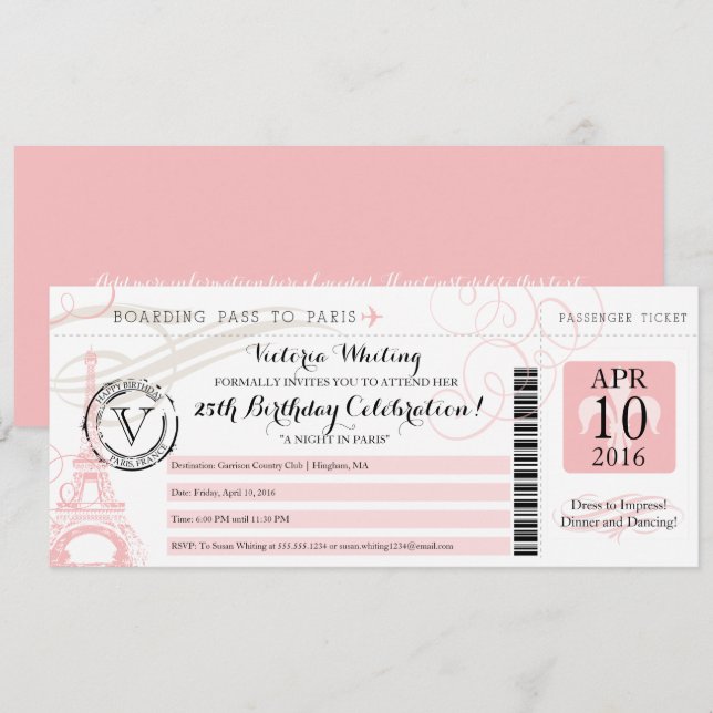 Convites Noite Rosa da Torre Eiffel na Festa de Aniversário (Frente/Verso)