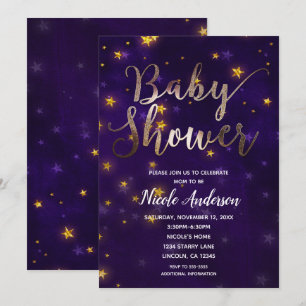 Convites Noite Roxa e Dourada Sob as Estrelas Baby Shower