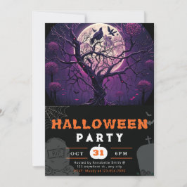 Convites Noite Roxa Lua Cheia Pássaro Preto Halloween Negro