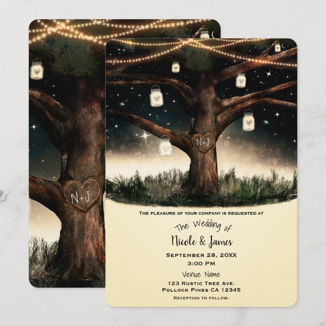 Convites Noite Rústica com Árvore com Luzes e Casamento de  (Frente/Verso)
