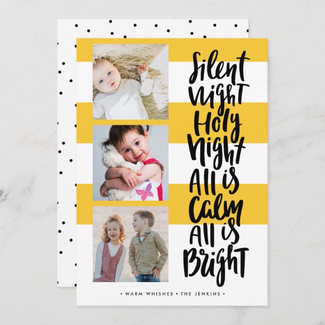 Convites Noite Silenciosa três fotos feriados Natal Amarelo (Frente/Verso)
