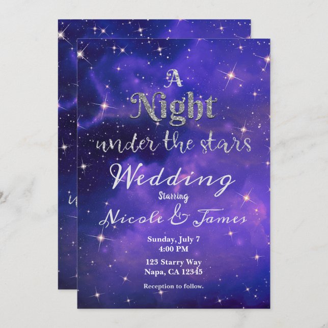 Convites Noite sob o casamento das estrelas Purple Starry S (Frente/Verso)