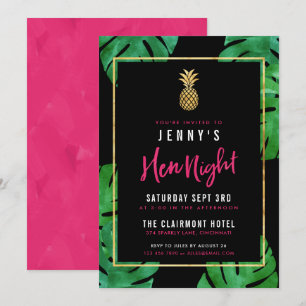 Convites Noite Tropical Hen / Rosa & Preto e Abacaxi Dourad