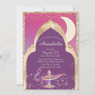 Convites Noites Árabes Ouro e Rosa Conto de Fadas Aladdin