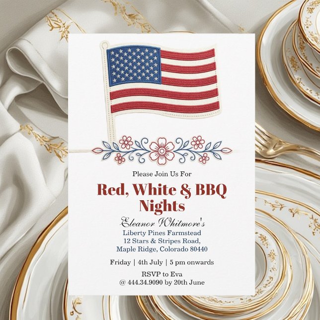 Convites Noites de Churrasco Vermelho e Branco de 4 de Julh (4th July Red White BBQ Nights American Flag Floral Invitation)