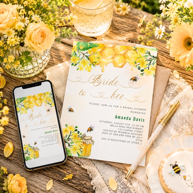 Convites Noiva abelha floral amarelo favo de mel chá de noi (Criador carregado)