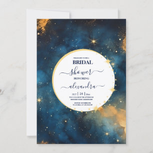 Convites Noiva Aquarela Azul e Dourado Místico à Meia-Noite