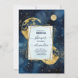 Convites Noiva Aquarela Azul e Dourado Místico à Meia-Noite