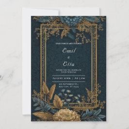 Convites Noiva Art Déco Crisântemo Azul Dourado
