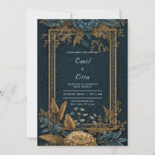 Convites Noiva Art Déco Crisântemo Azul Dourado