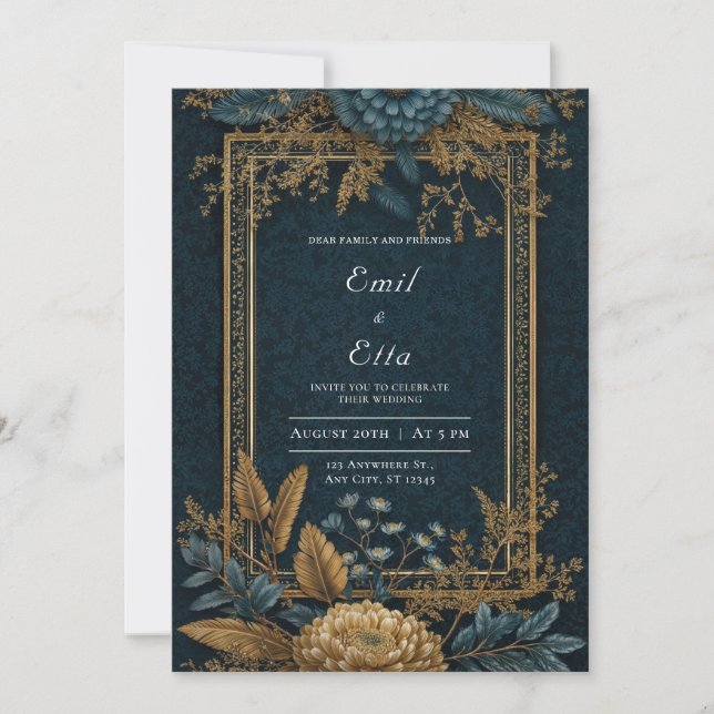 Convites Noiva Art Déco Crisântemo Azul Dourado (Frente)